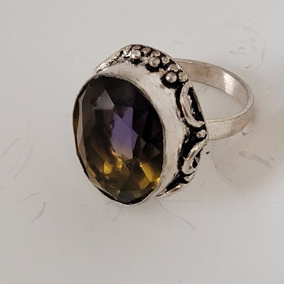Sterling Silver Size 9.25 Amethyst and Citrine Oval Ring - Statement Jewelry - Picture 2 of 11